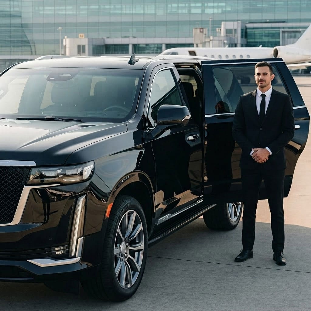 Our Services 1 A man in a suit stands by an open SUV door on an airport runway, with a private jet in the background—an impeccable scene reflecting luxury airport transfer and premium limo service in Carmel, CA.